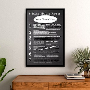 Personalized Vintage Chalkboard Looking Billiard Pool Table 8 Ball Rules & Regulations Poster - Customized With Your Name!