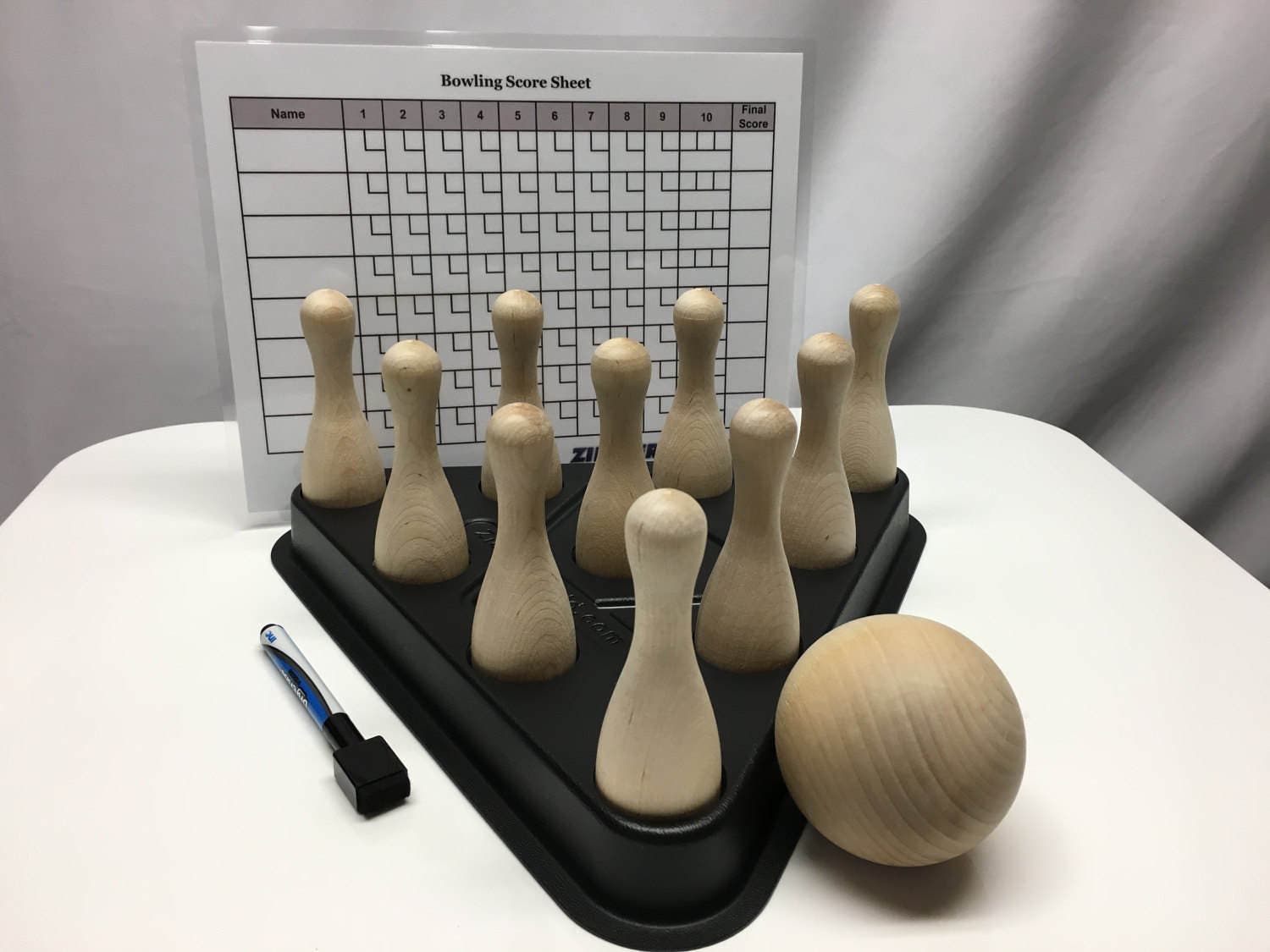 DIY Craft Plastic Bowling Pinsetter, 10 Wooden Pins, 3 Inch Wood Ball