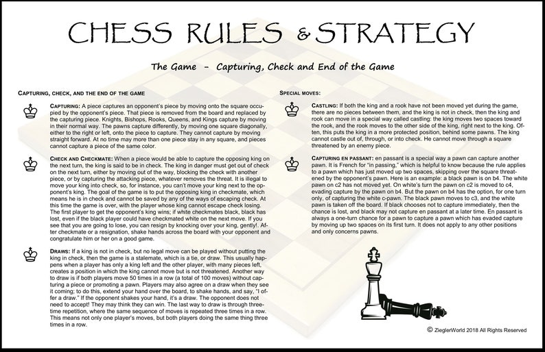 Chess Set Rules & Piece Move Strategy Cheat Sheet Laminated 11x17 Double Sided Chess Board Set up Improve Your Chess Playing Game image 2