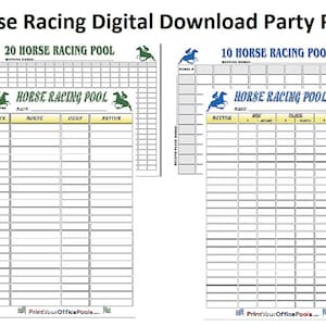 May include: Printable horse racing pool sheets for a party. The sheets are black and white with a green horse logo and yellow text. The sheets are labeled "20 Horse Racing Pool" and "10 Horse Racing Pool".