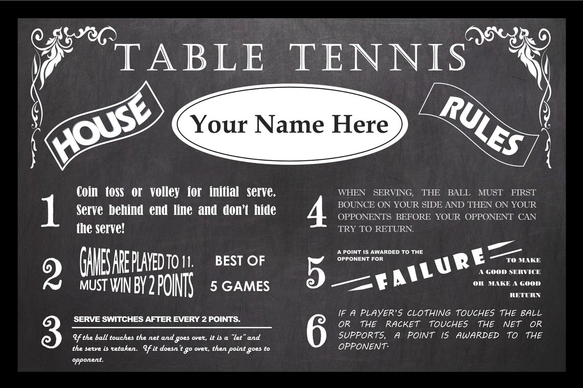 Personalized Vintage Chalkboard Looking Table Tennis Ping Pong Rules