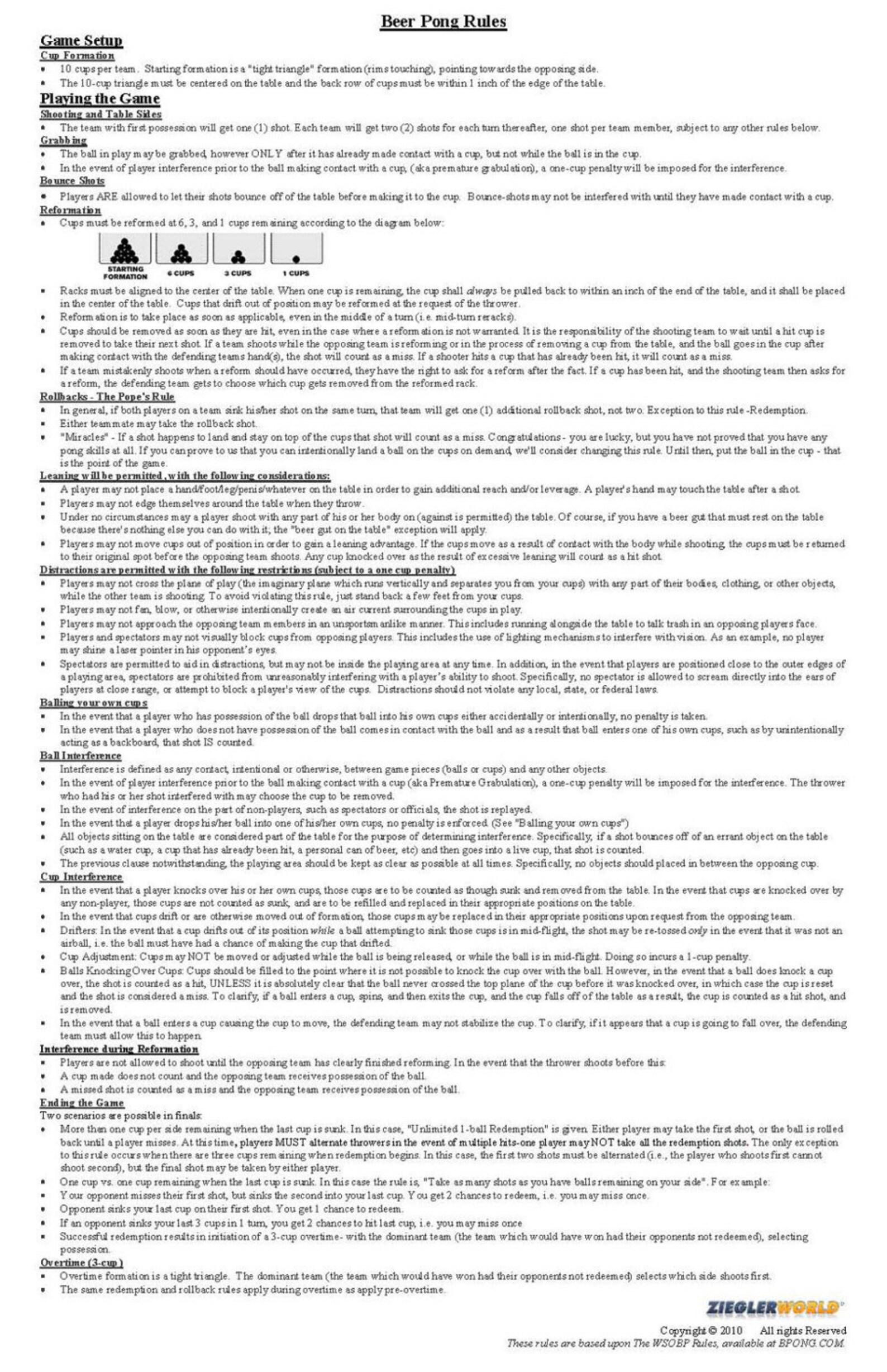 Laminated Official Beer Pong Rules & Regs Poster 11 X 17 Mancave Game