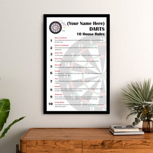 Personalized Dart 10 House Rules Custom Art With Your Name! Great Gift Idea for Your Darts Room ! Mancave Basement Framed Art Sign