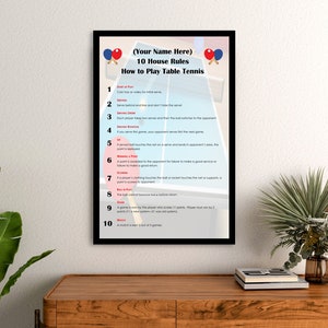 Personalized Table Tennis 10 House Rules Custom Art Poster  - Personalized With Your Name! Ping Pong - Table Tennis - Game Room