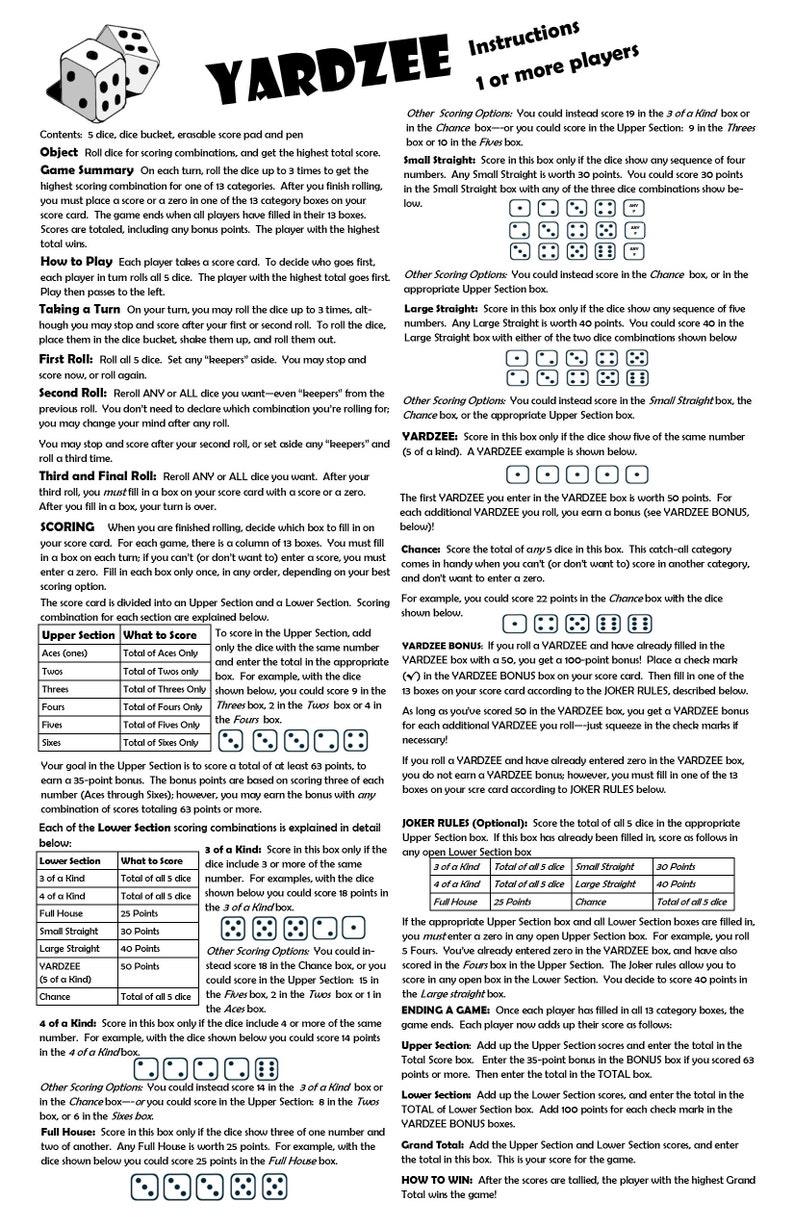 Printable Yardzee Yahtzee Laminated Score Sheet Scorecards With Rules! Multi-player PDF Instant ...