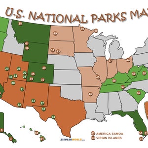 Laminated US National Parks List With Color Map - Ultimate Park Checklist Of All 63 Perfect for Your RV or Road Trip Double Sided 8 1/2 x 11