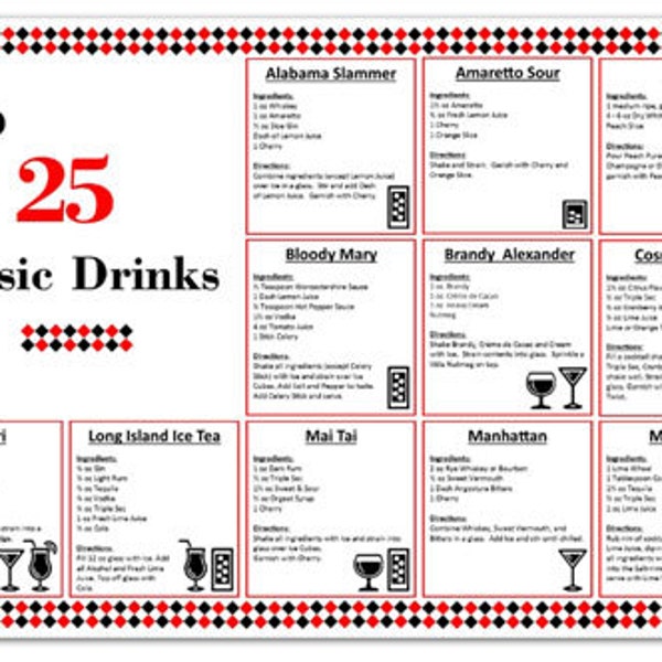 Printable Mixed Drink Recipe Digital Download Alcohol Drinks - Party Decorations Weddings Casino Night Holiday Party Summer BBQ Tailgate