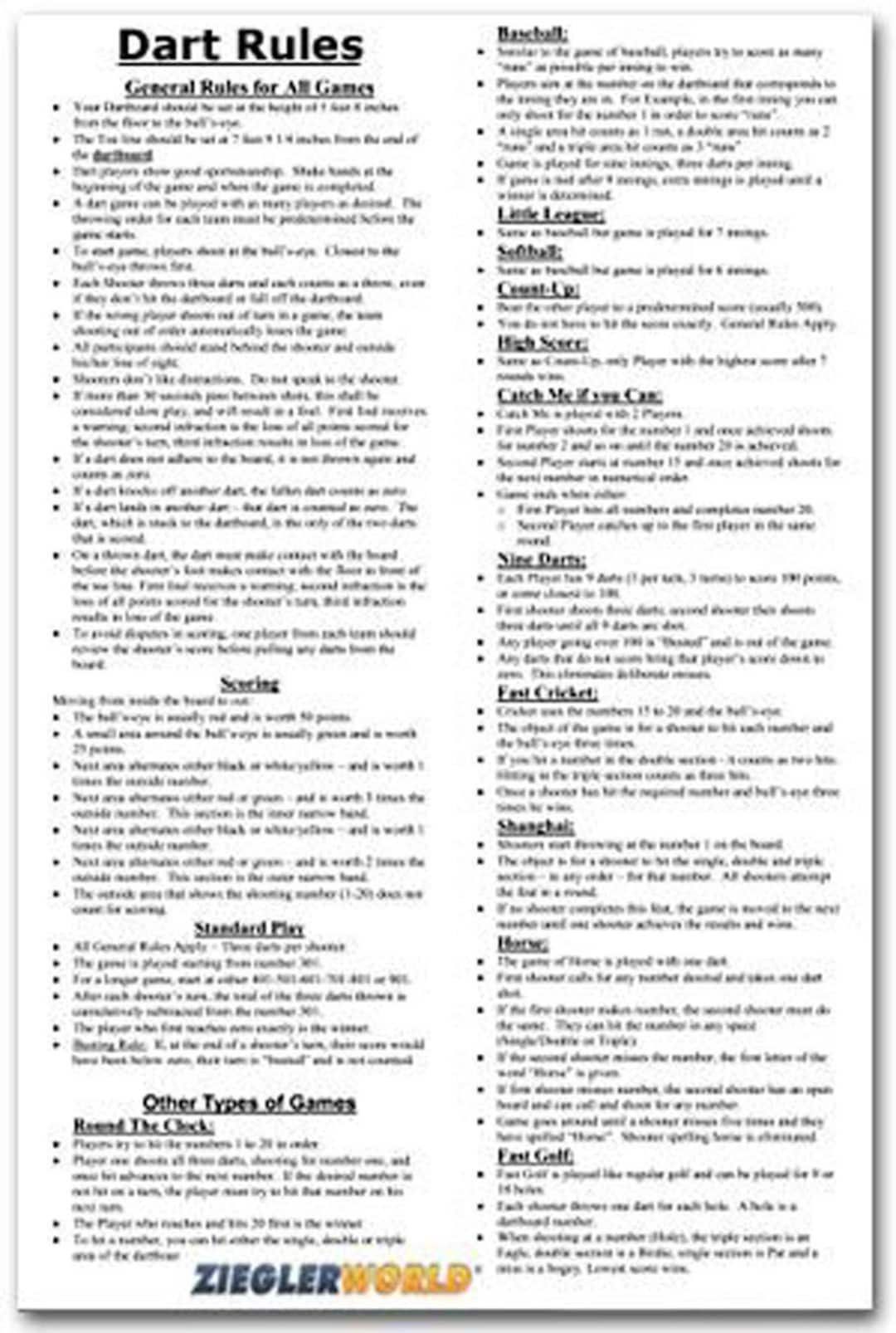 Laminated Official Dart Rules & Regulations Poster 11 X 17 Perfect for