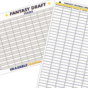 May include: Two white fantasy football draft boards. One board is labeled "Fantasy Draft Teams" with a star graphic. The other board is labeled "Fantasy Football Draft Board". Both boards have rows and columns for player names.