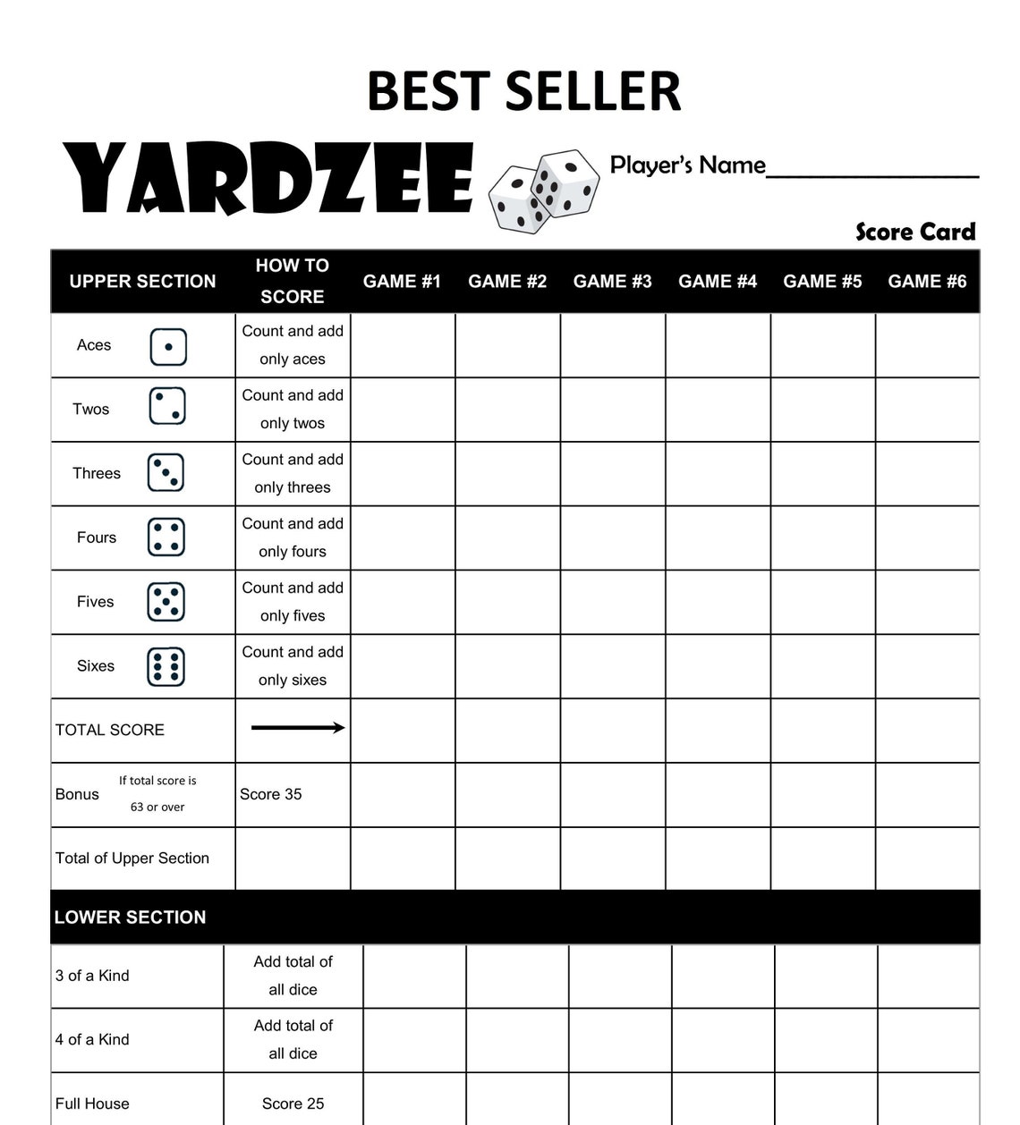 Printable Yardzee Yahtzee Laminated Score Sheet Scorecards With Rules