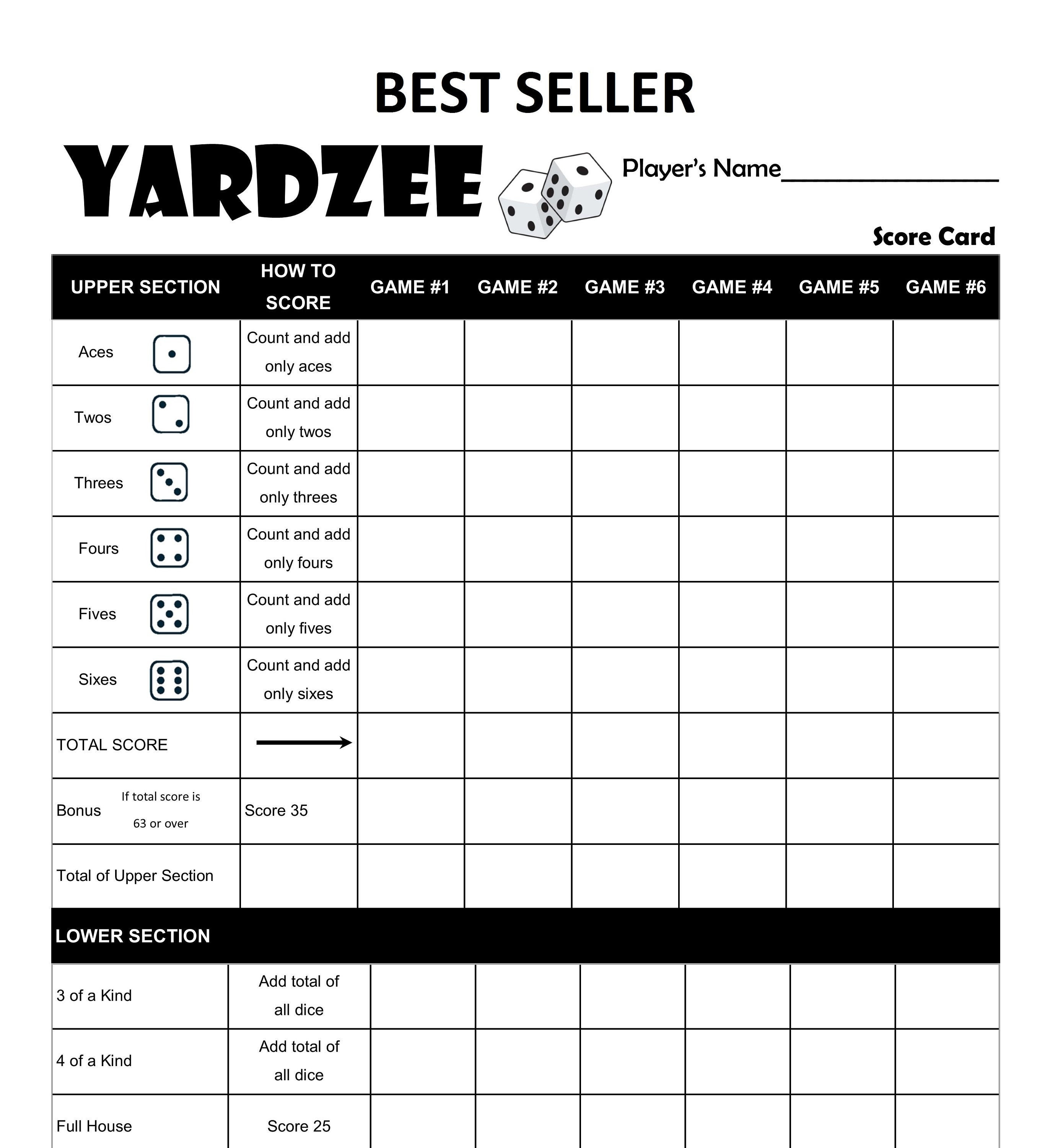 Printable Yardzee Yahtzee Laminated Score Sheet Scorecards With Rules 