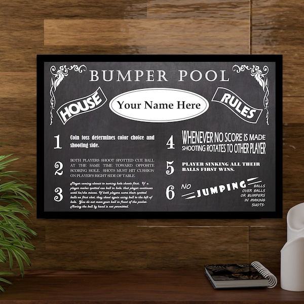 Vintage Chalkboard Looking Bumper Pool Table Rules & Regulations Poster - Personalized With Your Name! Perfect For Your Game or Rec Room