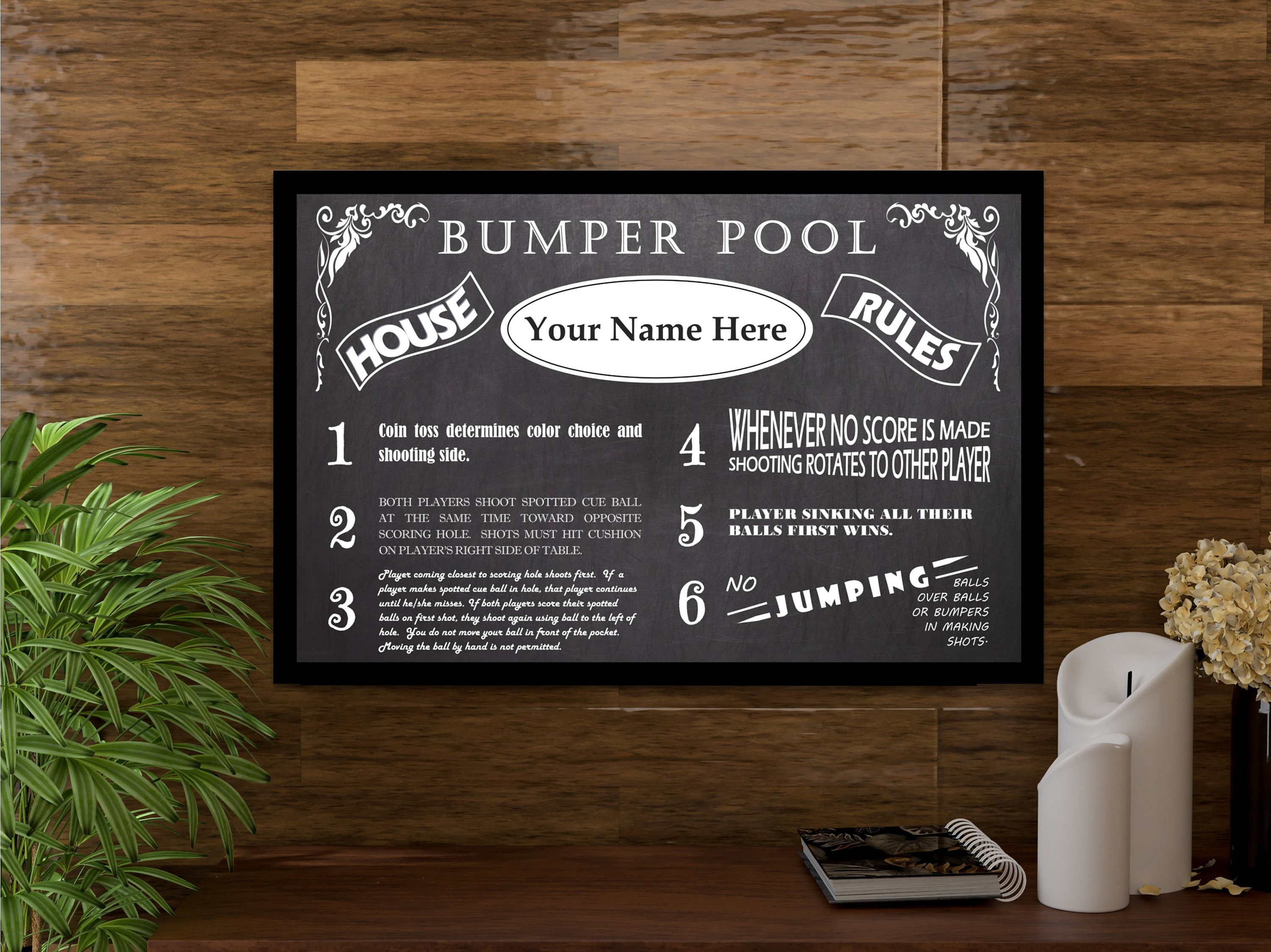 PERSONALIZED CHALKBOARD LOOK BILLIARDS POOL TABLE 8 BALL RULES POSTER -  FRAMED