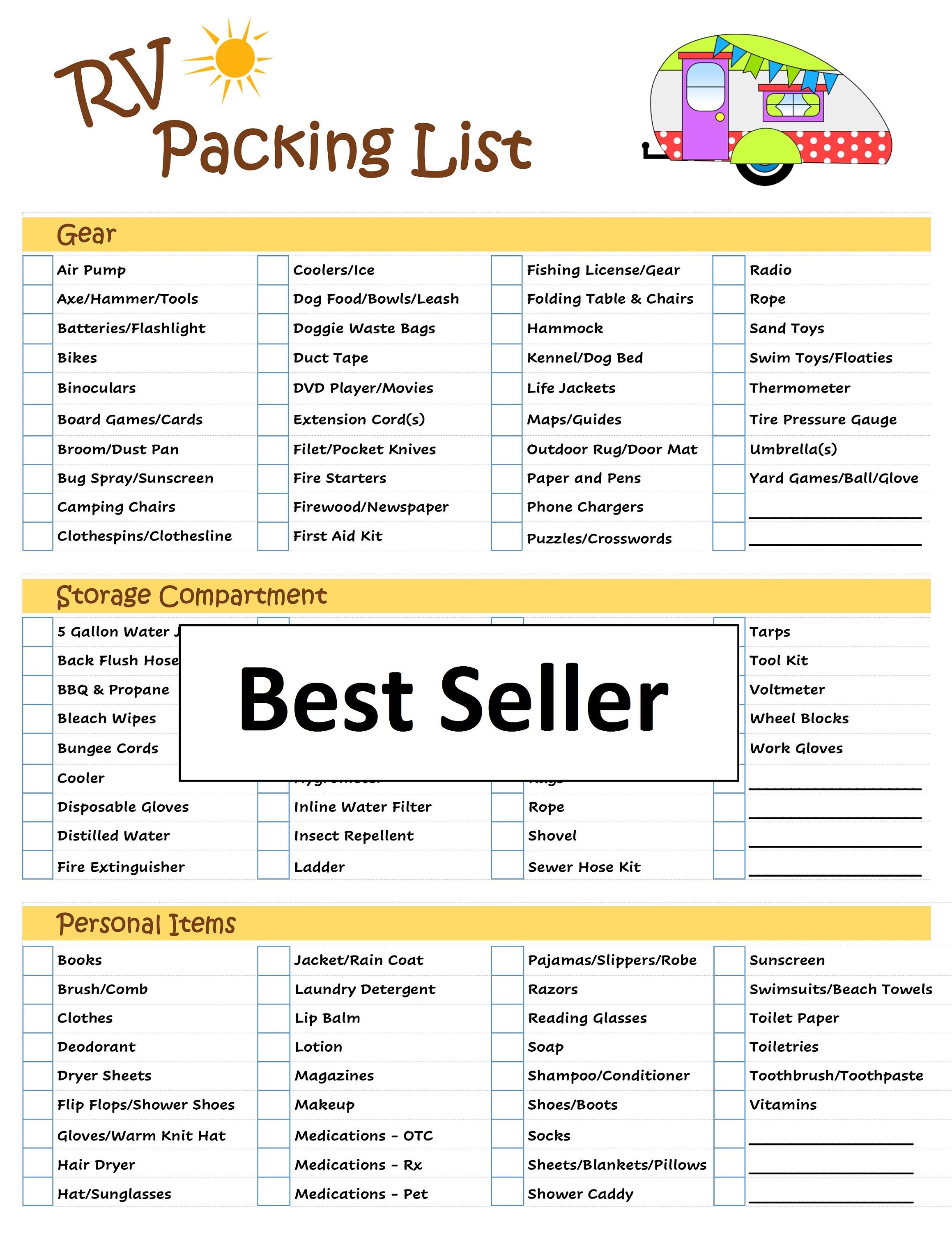Free RV Checklist Printable Packing List Travel Trailer 41 OFF