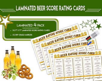 Laminated Beer Rating Tasting Score Card Sheet 4 Pack - Reusable Flight Placemat - Craft Brewery Tasting - Bridal Showers - Football Parties