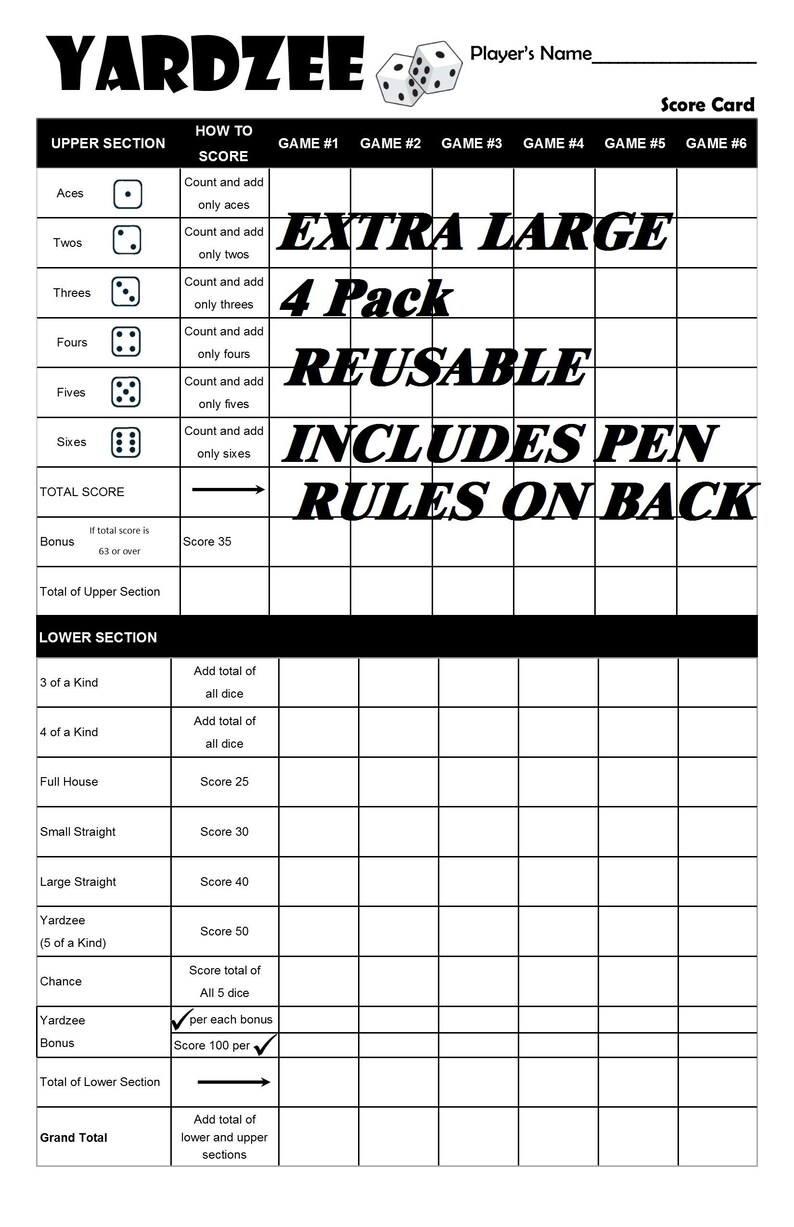 EXTRA LARGE Yardzee Yahtzee Laminated Score Sheets Scorecards Etsy EXTRA LARGE Yardzee Yahtzee Laminated Score Sheets Scorecards Etsy