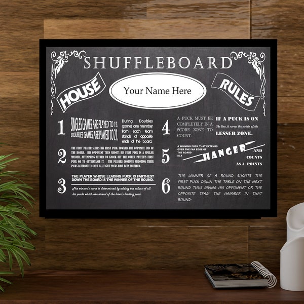 Personalized Vintage Chalkboard Looking Table Shuffleboard House Rules Poster - Custom With Your Name!  Perfect For Your Shuffle Table
