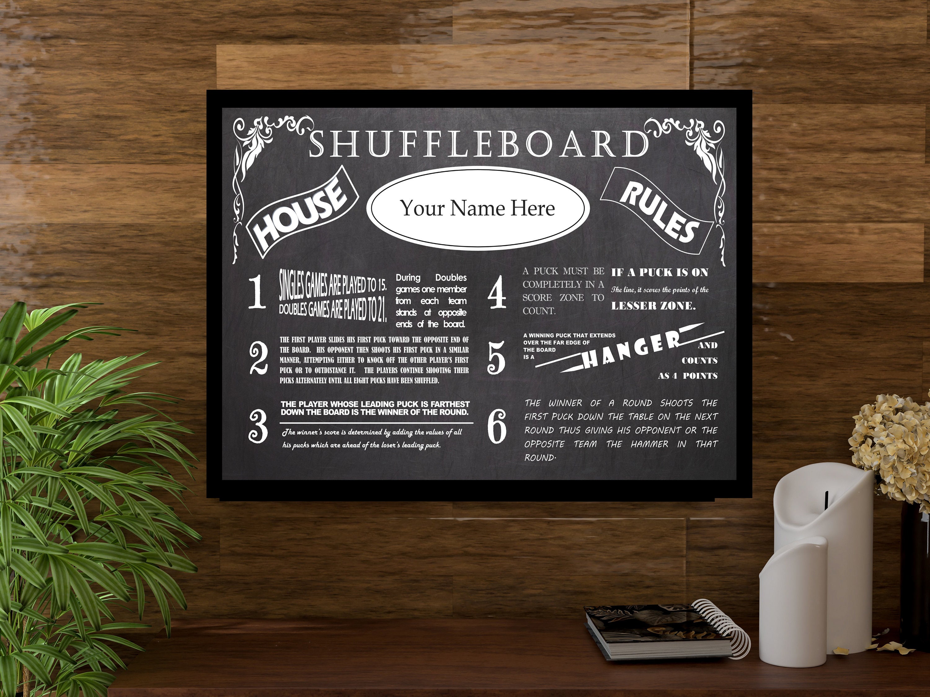 Personalized Vintage Chalkboard Looking Table Shuffleboard House Rules
