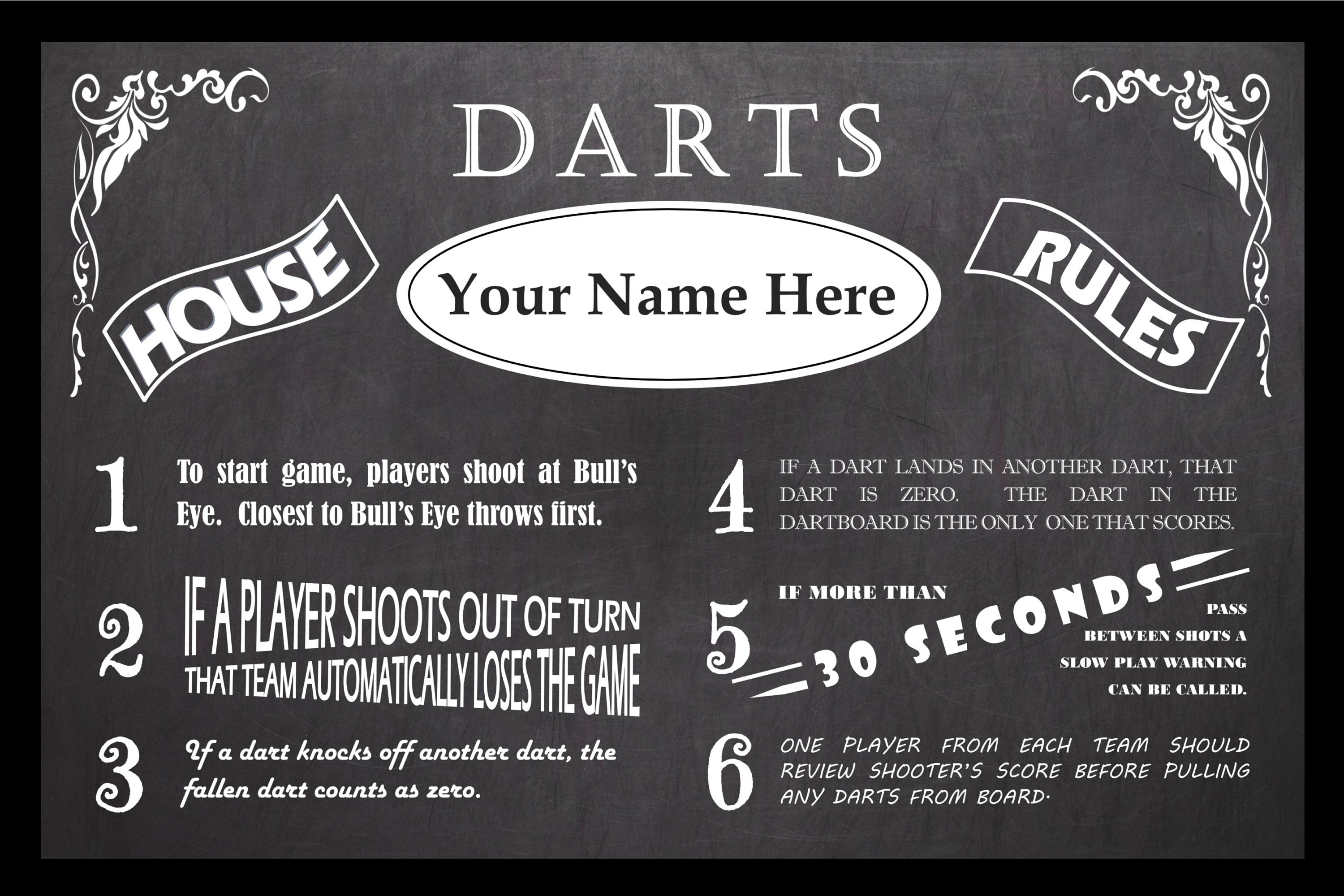 Personalized Vintage Chalkboard Looking Darts Rules Poster Personalized