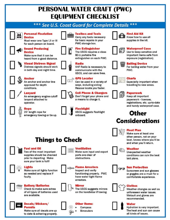 Laminated Personal Watercraft PWC Safety Equipment Checklist & Boating Knot  How to Guide Jet Ski Waverunner or Seadoo Accessory 