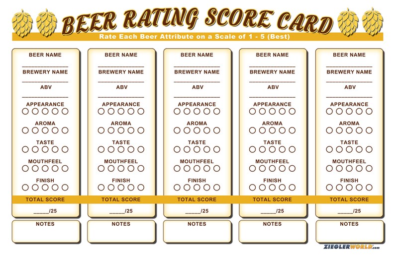 Printable Beer Flight Rating Score Card Tasting Score Sheet Perfect For