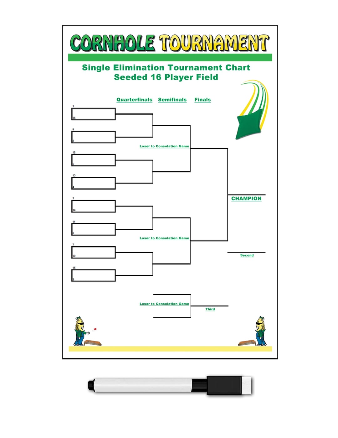 Zieglerworld Cornhole Turnierplan – 32 Spieler, Blind Draw, Double Elimination, Löschbare Poster-Karte 55,9 X 86,4 Cm