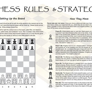 Chess Set Rules & Piece Move Strategy Cheat Sheet Laminated 11x17 Double Sided Chess Board Set up Improve Your Chess Playing Game image 1