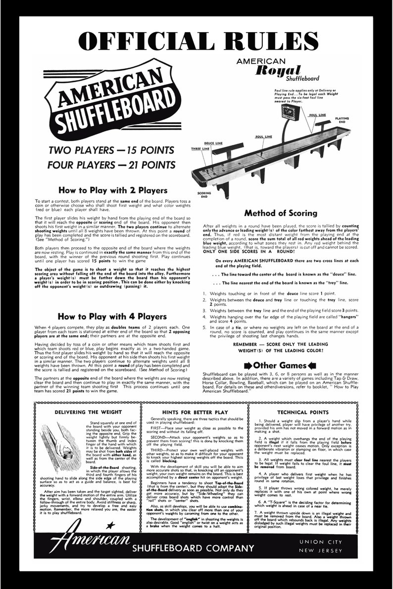 American Table Shuffleboard Rules & Hints for Better Play Poster Framed