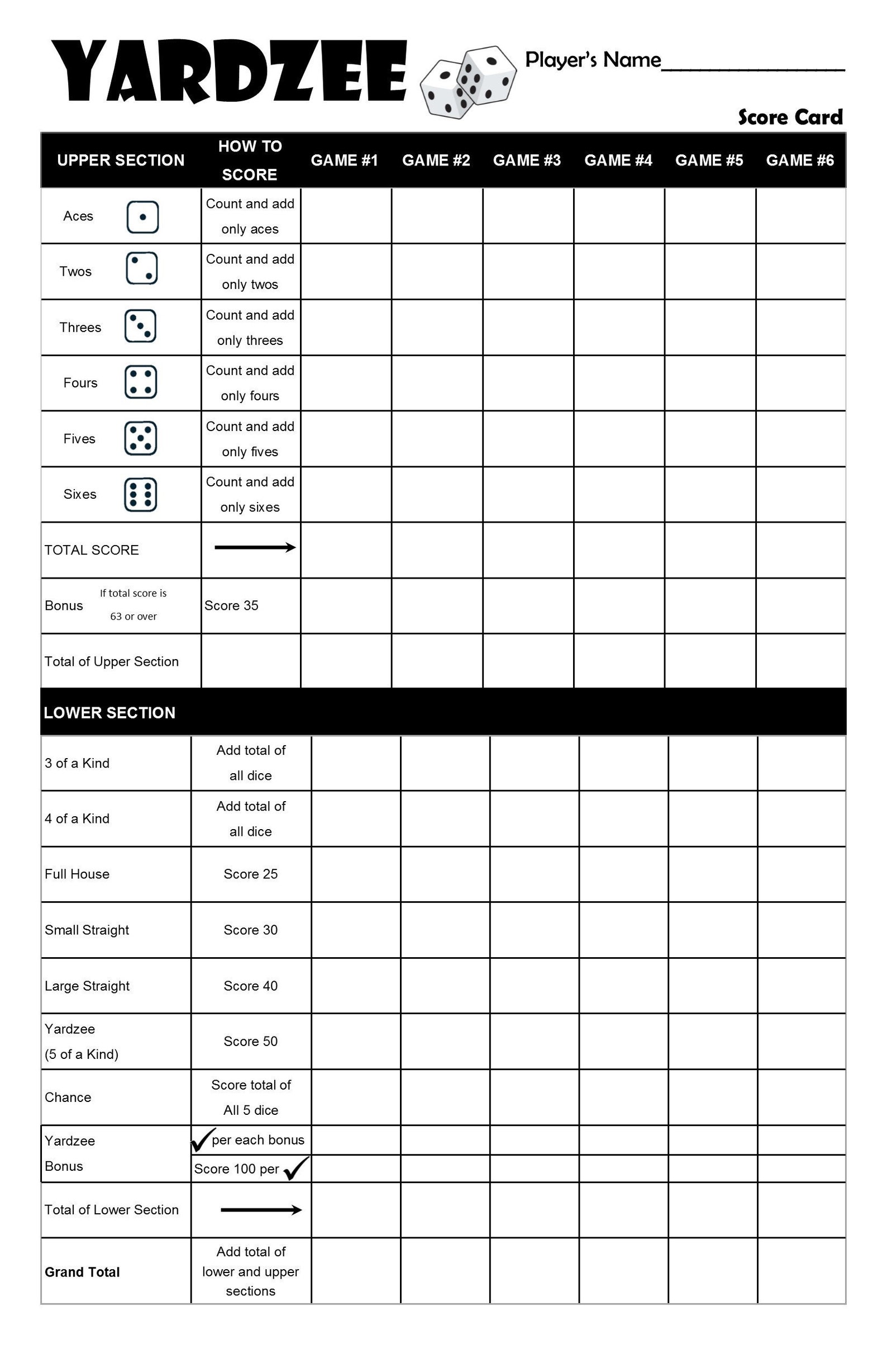 Yahtzee Score Cards Printable