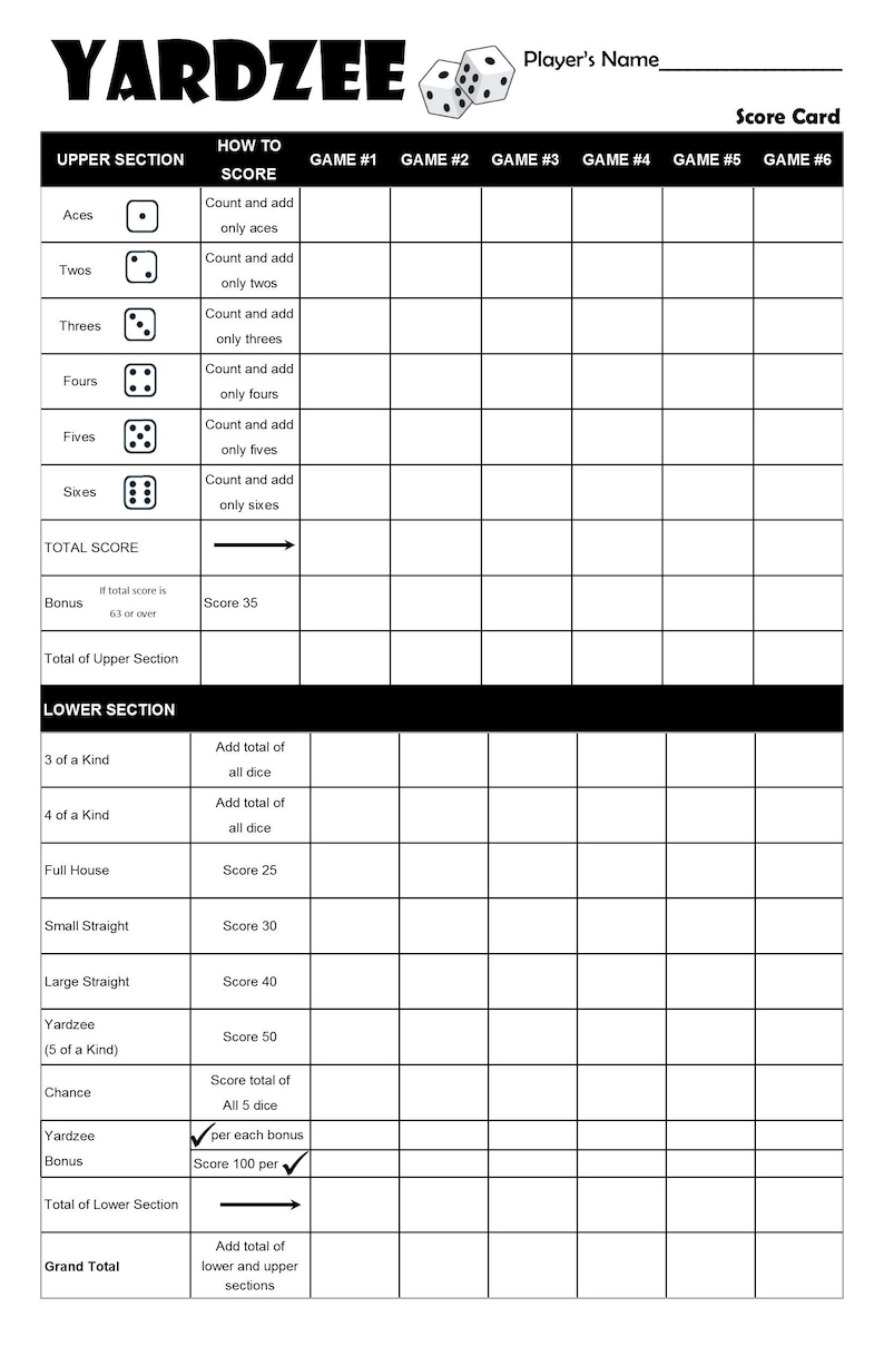 Printabl Zahtzee Score Sheets