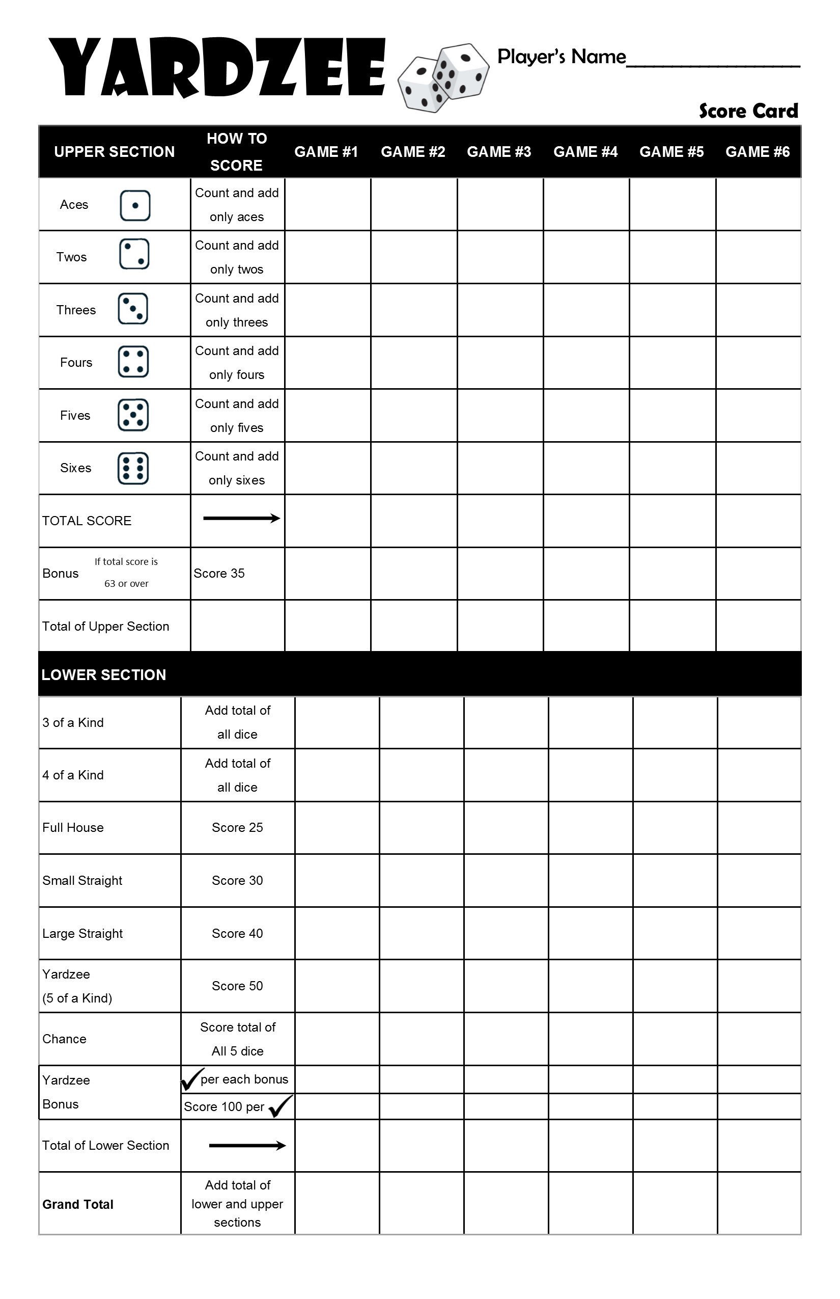 Printable Yardzee Yahtzee Laminated Score Sheet Scorecards With Rules Multi-player PDF Instant Download Scorepads for Your Backyard Game - Etsy
