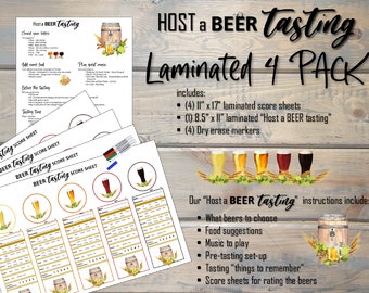 Laminated Beer Flight Tasting Rating Score Card 4 Pack +Hosting Tips+Pens - Craft Beer Placemat Oktoberfest Super Bowl Bridal Showers Party