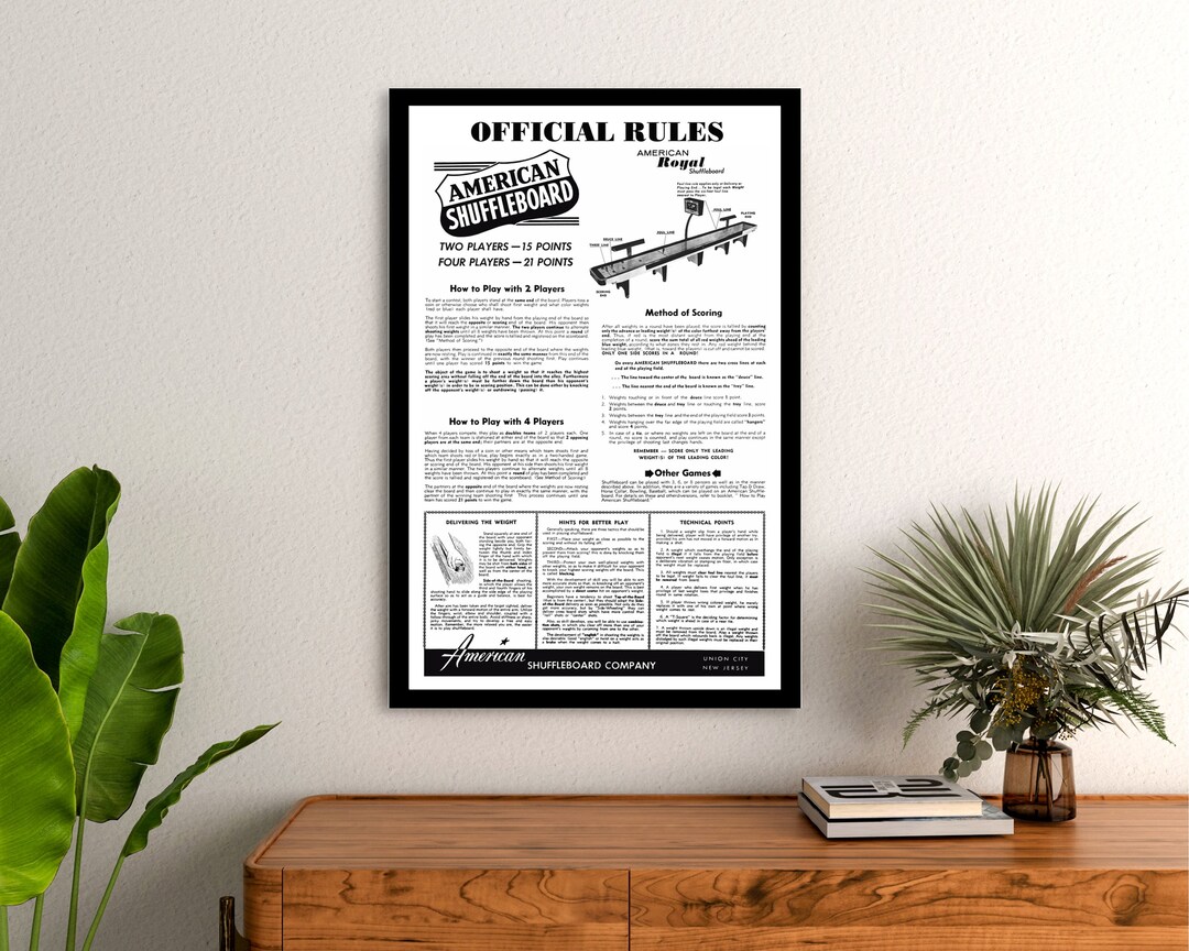American Table Shuffleboard Rules & Hints for Better Play Poster Framed
