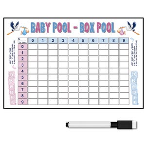 Juego de mesa borrable para bebé con forma de caja cuadrada y adivinanzas, fecha y hora de nacimiento, para baby shower, 22 x 34 cm, bolígrafo.