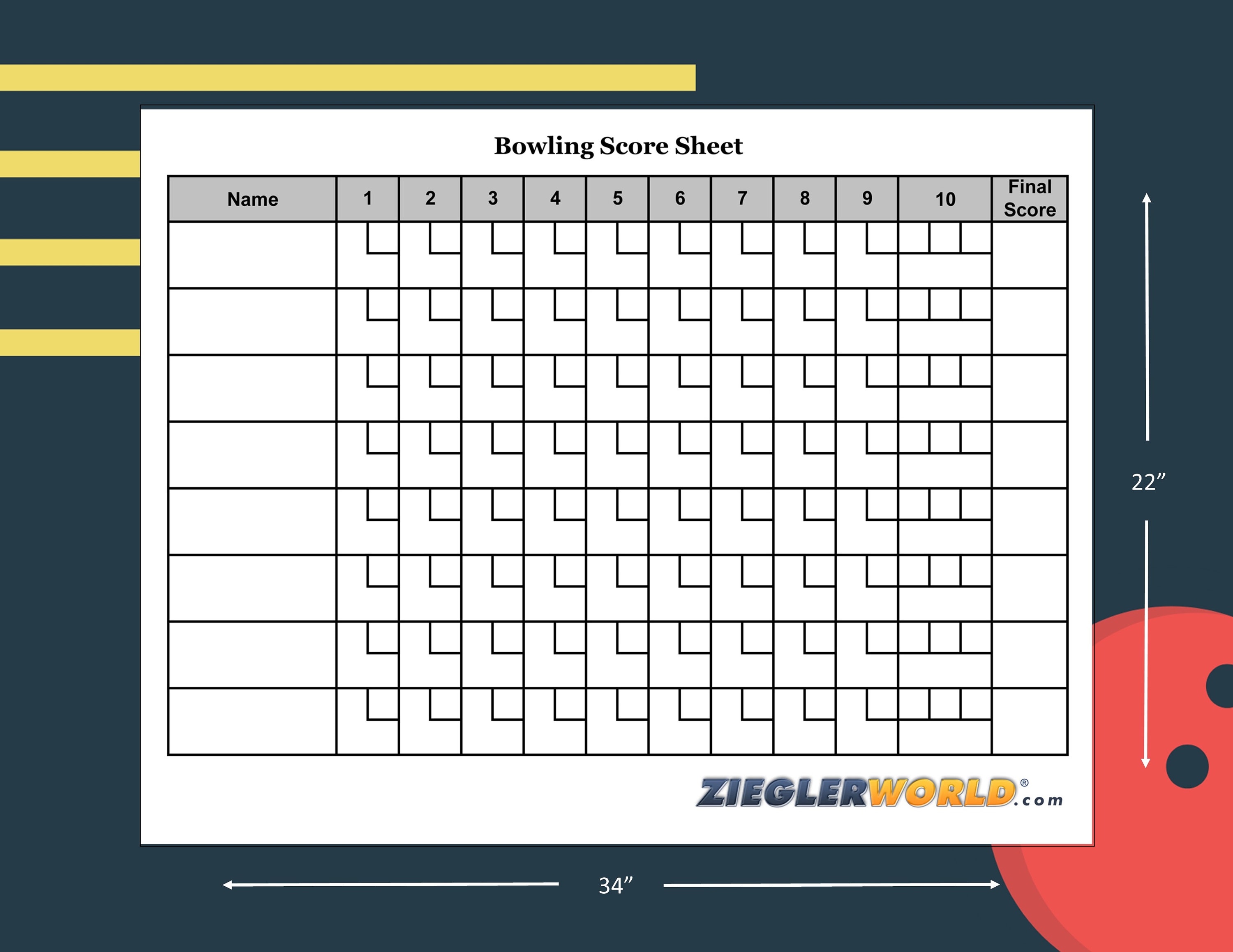 Reusable Bowling Scorecard 22 Inches X 34 Inches Keep Score Easily 