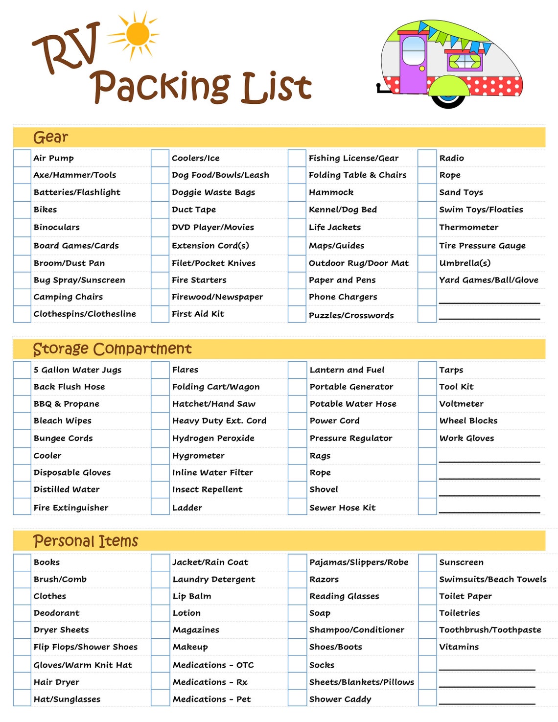 ultimate rv packing list checklist digital download etsy