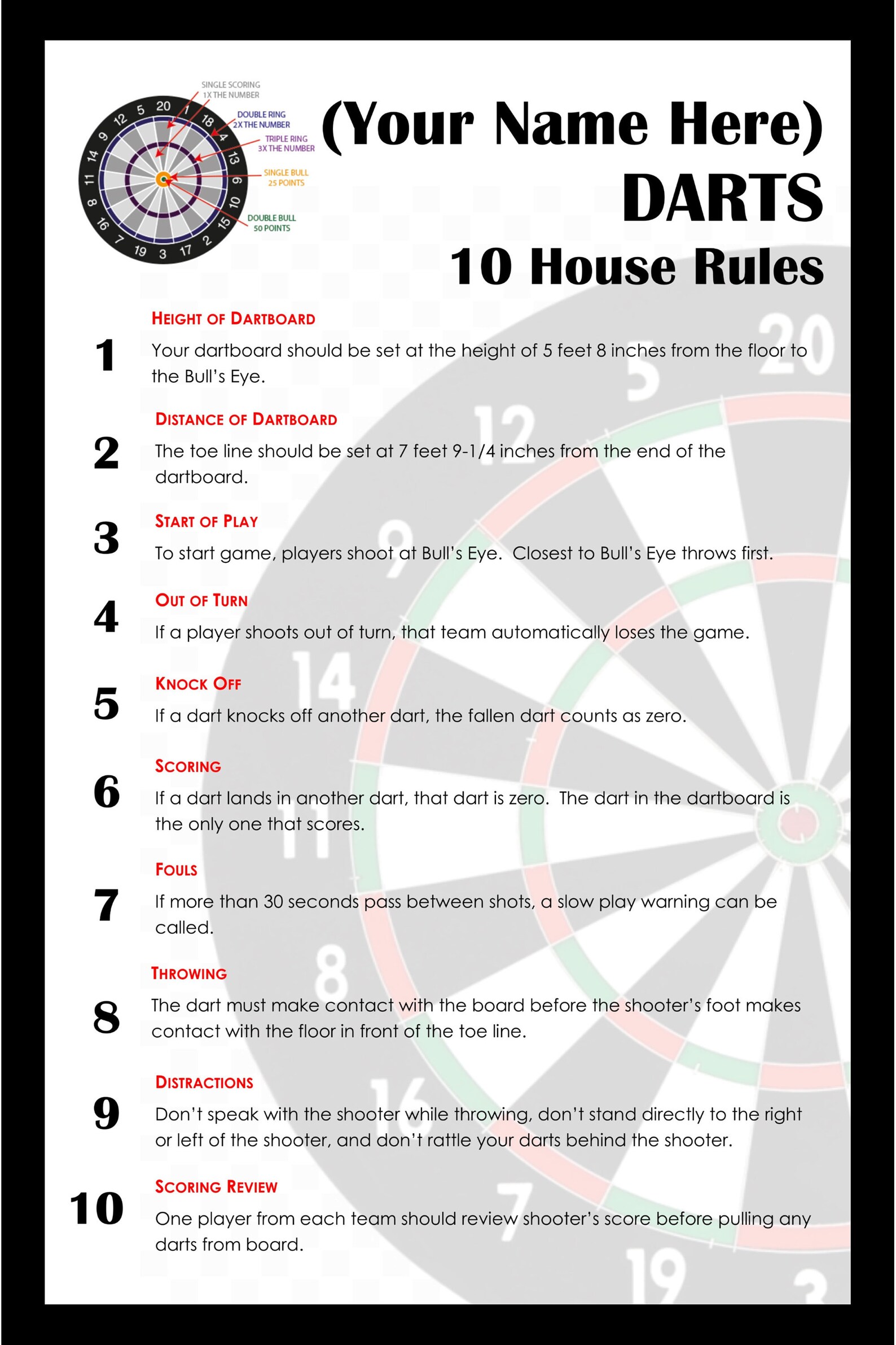 Personalized Dart 10 House Rules Custom Art With Your Name Great Gift