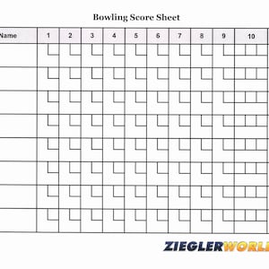 以下が含まれることがあります： 「Bowling Score Sheet」というタイトルと、下部に「ZIEGLERWORLD.com」というテキストが書かれた、空白のボーリングスコアシートです。