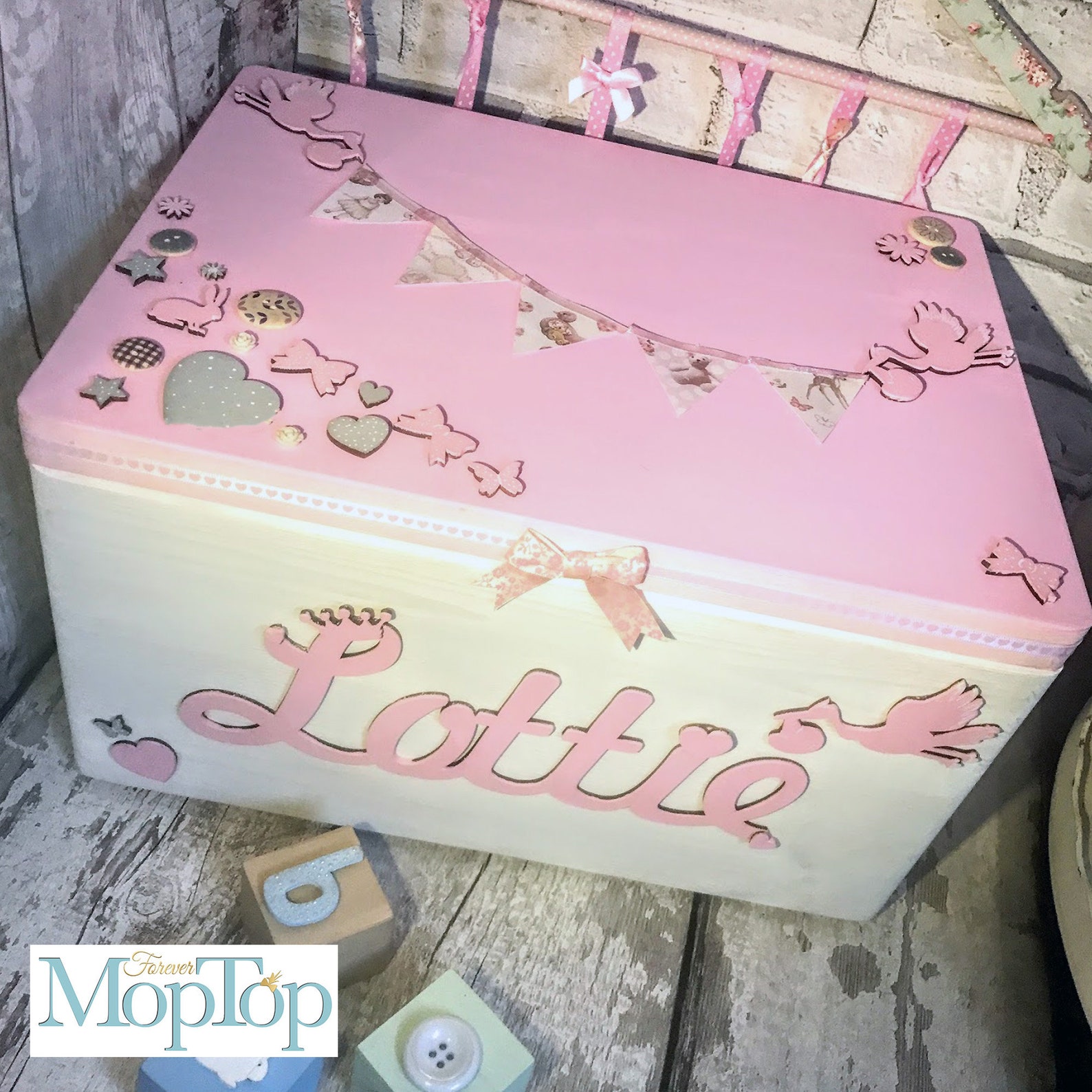 Personalised Pink Baby Memory Box With Wooden Shapes and Flag Etsy UK