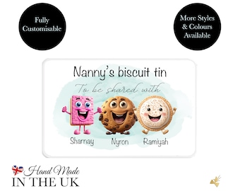 Cute personalised biscuit tin with individual biscuit characters. Personalised Mother's Day gift. Grandma's biscuit tin. Custom biscuit tin