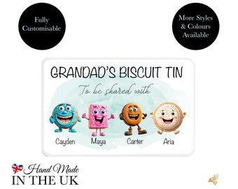 Cute biscuit tin personalised with individual biscuit characters. Unique Christmas gift.