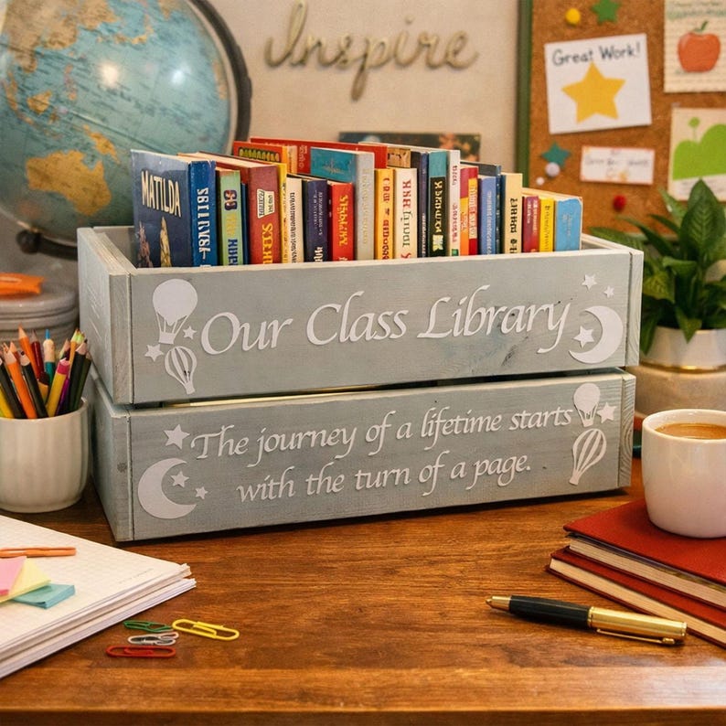 May include: A gray wooden crate labeled "Our Class Library" filled with colorful books. The crate has decorative elements of hot air balloons, stars, and moons. The bottom crate reads, "The journey of a lifetime starts with the turn of a page."