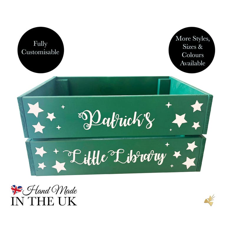 May include: A green wooden crate with white star accents and the text "Patrick's Little Library." The crate is handmade in the UK and fully customizable. More styles, sizes, and colors are available.