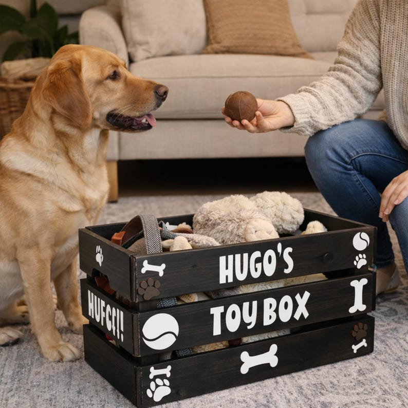 Puede incluir: Una caja de juguetes para perros de madera negra con el texto "HUGO'S TOY BOX" en blanco. La caja est&aacute; llena de juguetes para perros y un golden retriever est&aacute; mirando una pelota marr&oacute;n. La caja tiene huellas de patas, huesos y un dise&ntilde;o de pelota de tenis.