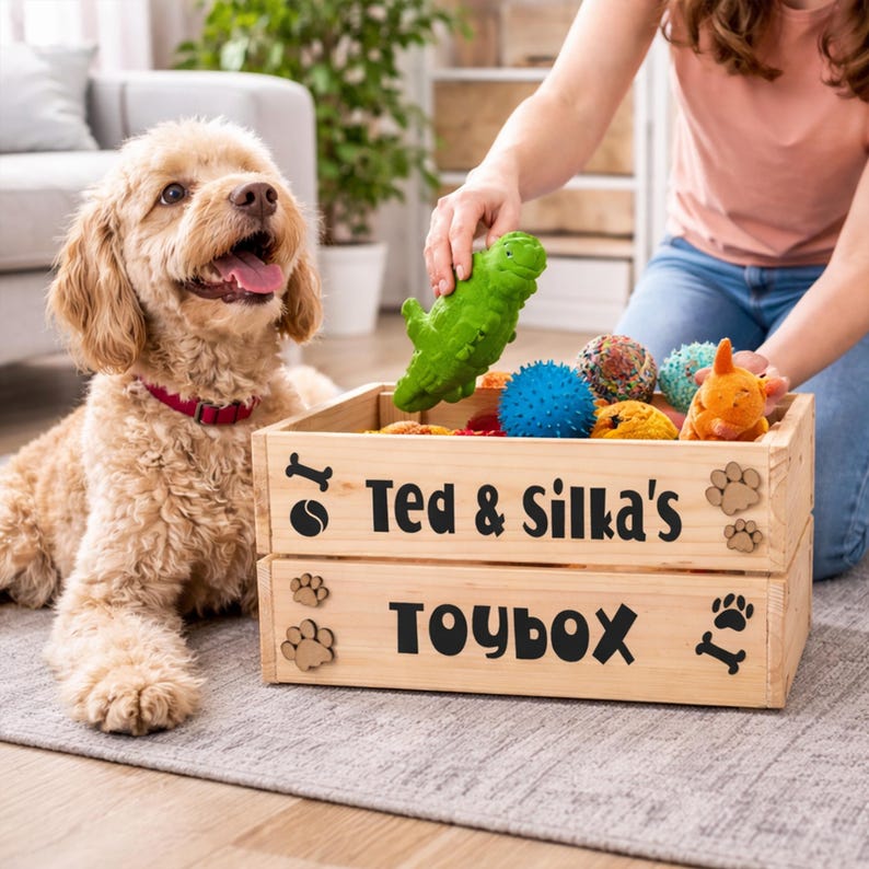 Puede incluir: Una caja de juguetes de madera clara con el texto "Ted & Silka's TOYBOX" en negro. La caja contiene varios juguetes para perros, incluyendo un cocodrilo verde, una pelota azul con p&uacute;as y otros juguetes de peluche coloridos. Un perro est&aacute; al lado de la caja.