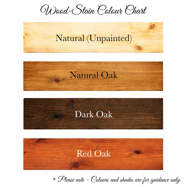 Puede incluir: Una tabla de colores de tinte para madera con cuatro muestras: Natural (Sin pintar), Roble Natural, Roble Oscuro y Roble Rojo. El texto "Wood-Stain Colour Chart" est&aacute; en la parte superior. El texto inferior dice "Tenga en cuenta: los colores y tonos son solo orientativos."