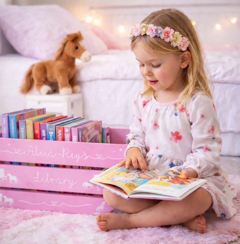 May include: A young child wearing a floral headband and dress sits on a pink rug, reading a book. A pink wooden crate labeled "Alia-Ruy's Library" holds colorful books. A stuffed horse toy sits nearby, adding to the whimsical scene.