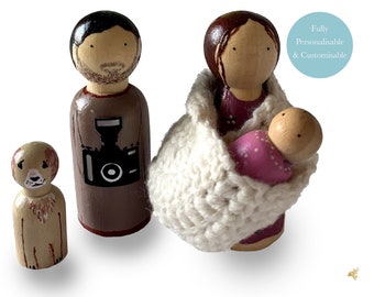 Family of four 4 custom peg dolls including pets, Personalised wooden peg doll, Custom family dolls, Personalised handmade wooden toys