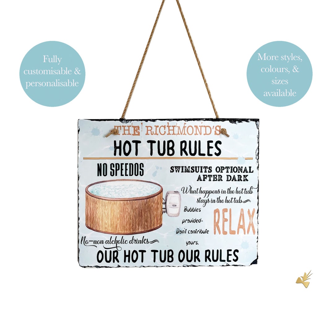 thumbnail interactive-video image 1 of Rusted Metal Personalized Hot Tub Rules Sign - Tiki Patio Decor For Backyard, Pool, BBQ 1 of 3