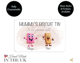 Cute personalised biscuit tin with individual biscuit characters. Personalised Mother's Day gift. Grandma's biscuit tin. Custom biscuit tin